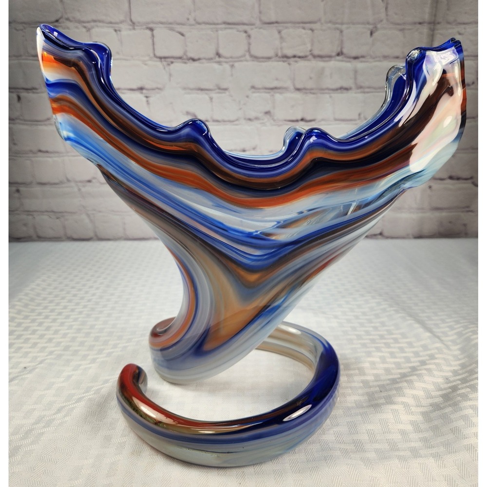 MCM Sooner Ozark Art Glass Swan Cobra Vase Bowl Blue Amber Swirl 12" Centerpiece